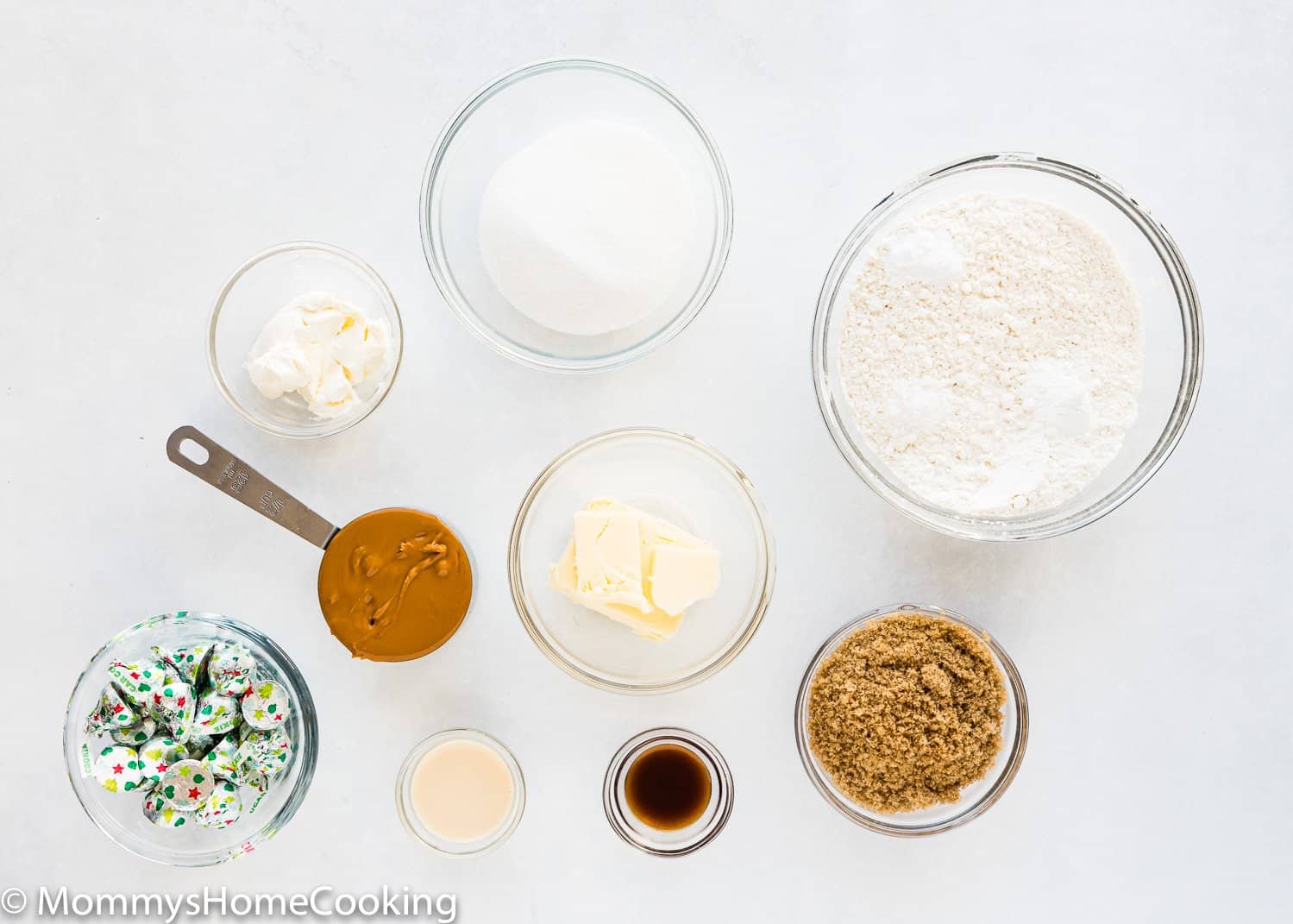 ingredients to make Peanut Butter Blossom Cookies without eggs