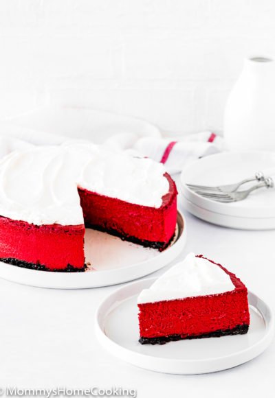 sliced Eggless Red Velvet Cheesecake on a plate