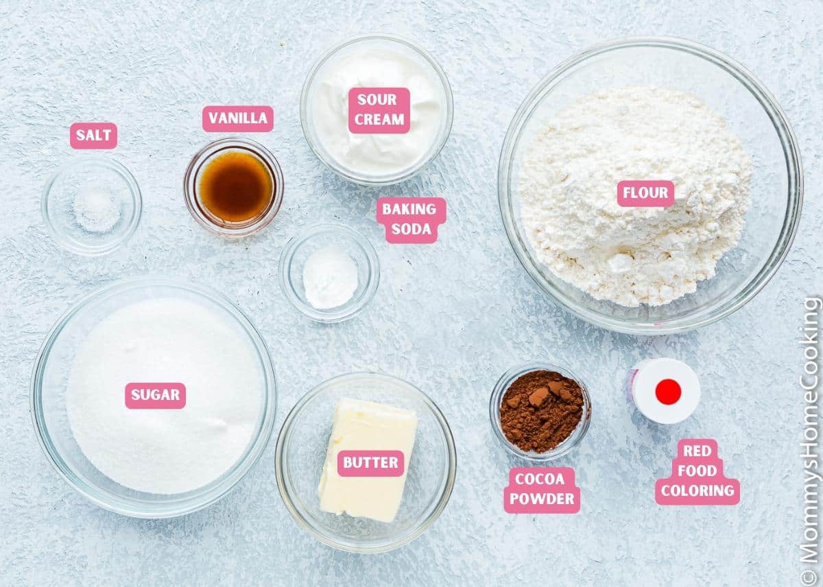 ingredients needed to make egg-free red velvet cookies with tags