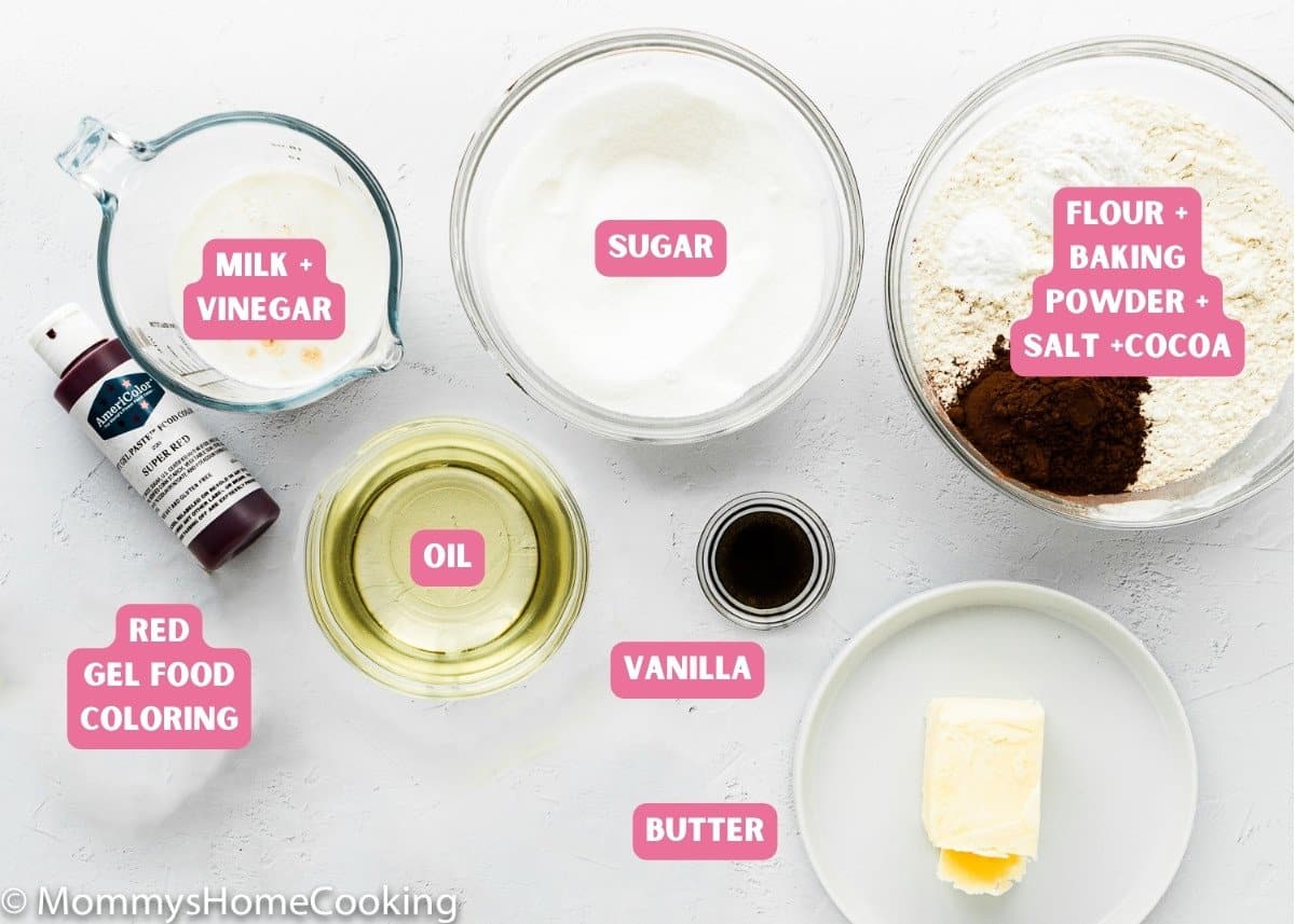 Ingredients needed to make egg-free red velvet cupcakes with name tags. 