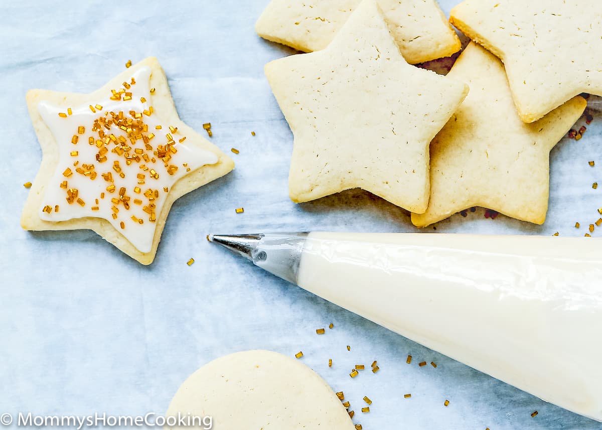 a start sugar cookie with egg-free royal icing and sprinkles