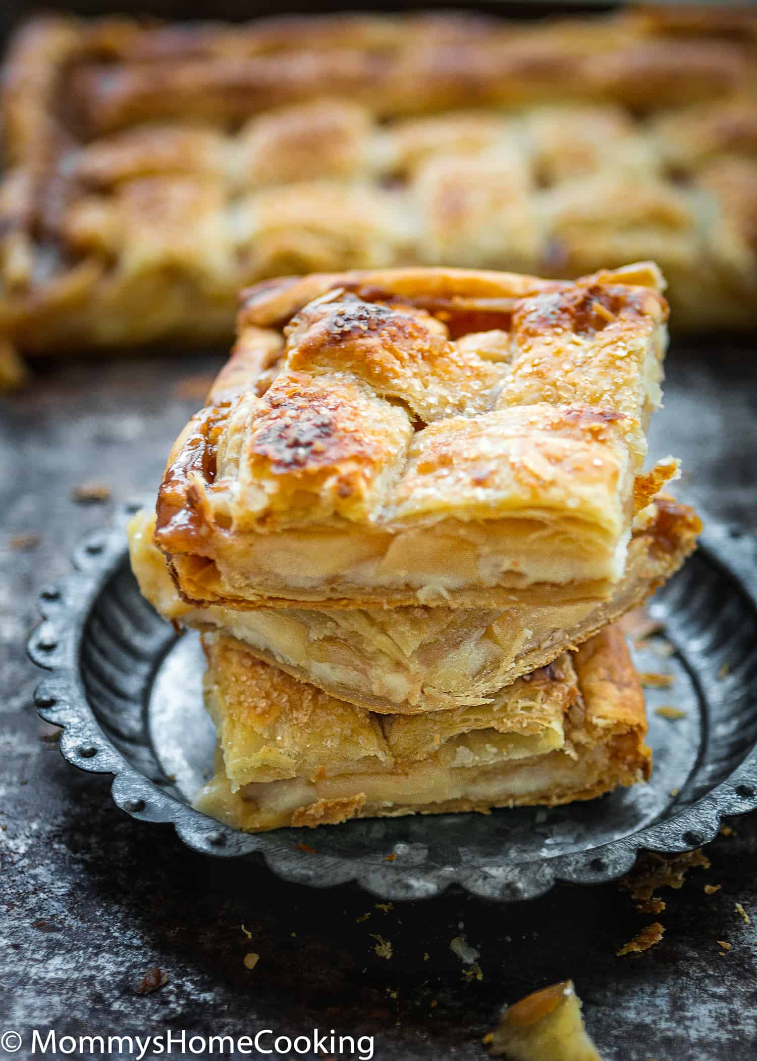 Eggless Salted Caramel Apple Cheese Danish squares in a metal plate