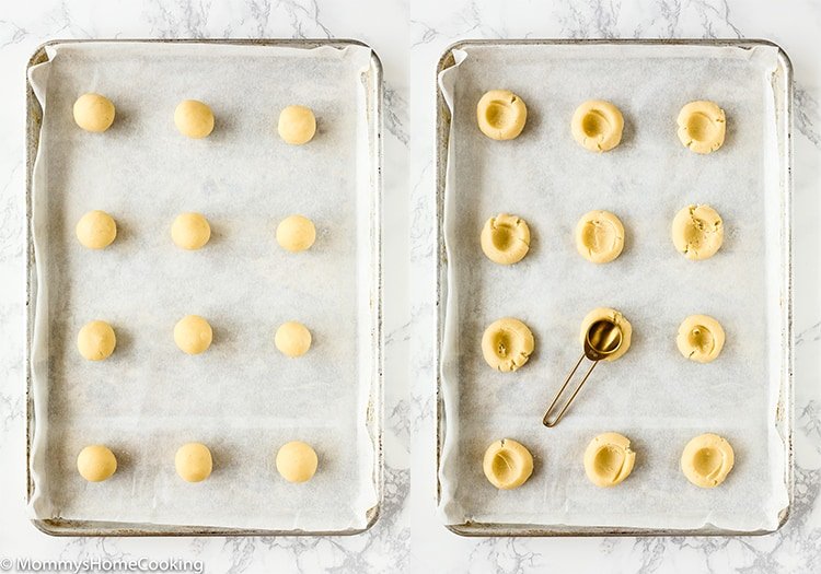 overhead view of two baking sheet with egg-free cookie dough.