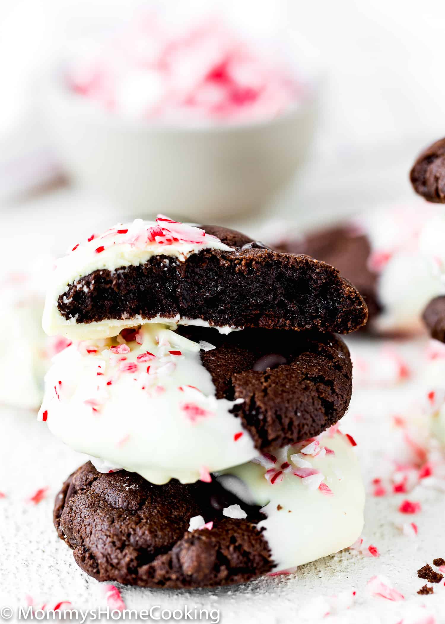 Eggless Triple Chocolate Peppermint Cookies showing fudgy center