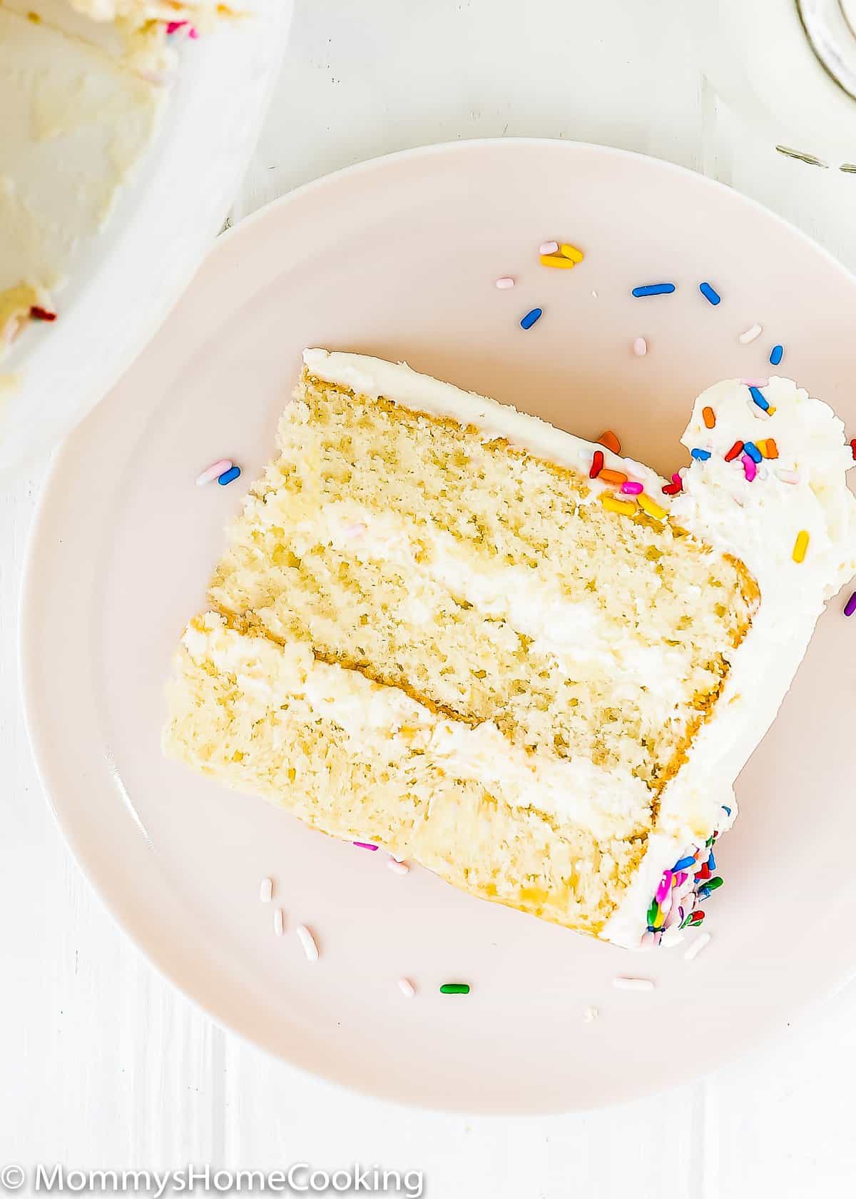 eggless vanilla cake slice on a plate