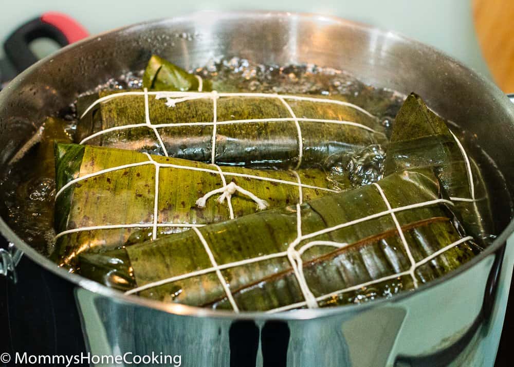 pot with boiling water cooking Venezuelan hallacas.