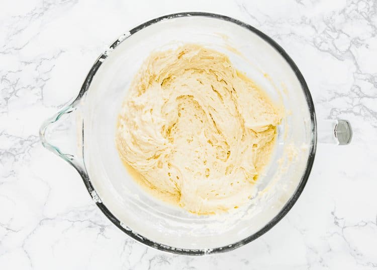 egg-free lemon pound cake batter in a mixing bowl. 