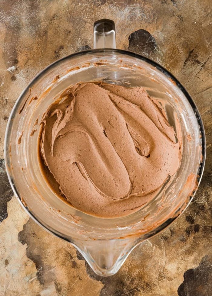 eggless chocolate buttercream in a stand mixer bowl. 
