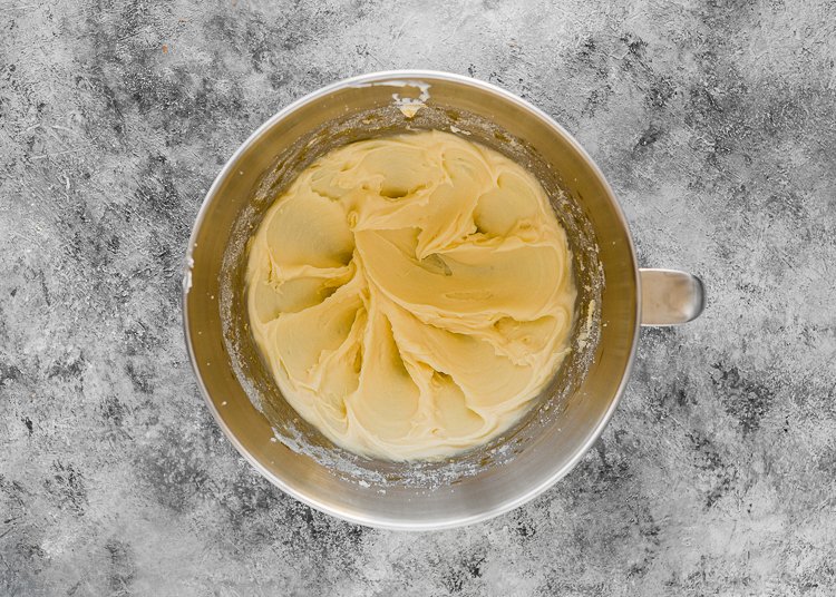 butter and sugar cream together in a stand mixer bowl. 