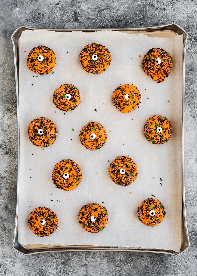 baked Eggless Halloween Cookies in a baking sheet. 