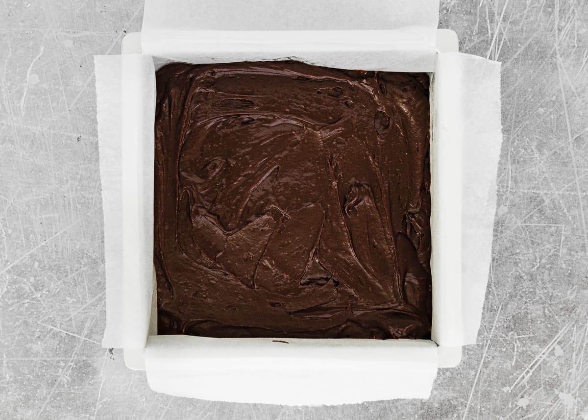 square baking pan with egg-free brownie batter. 