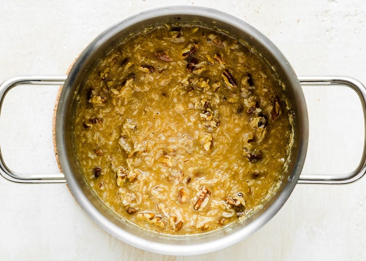 Egg-free german chocolate cake filling in a pot.