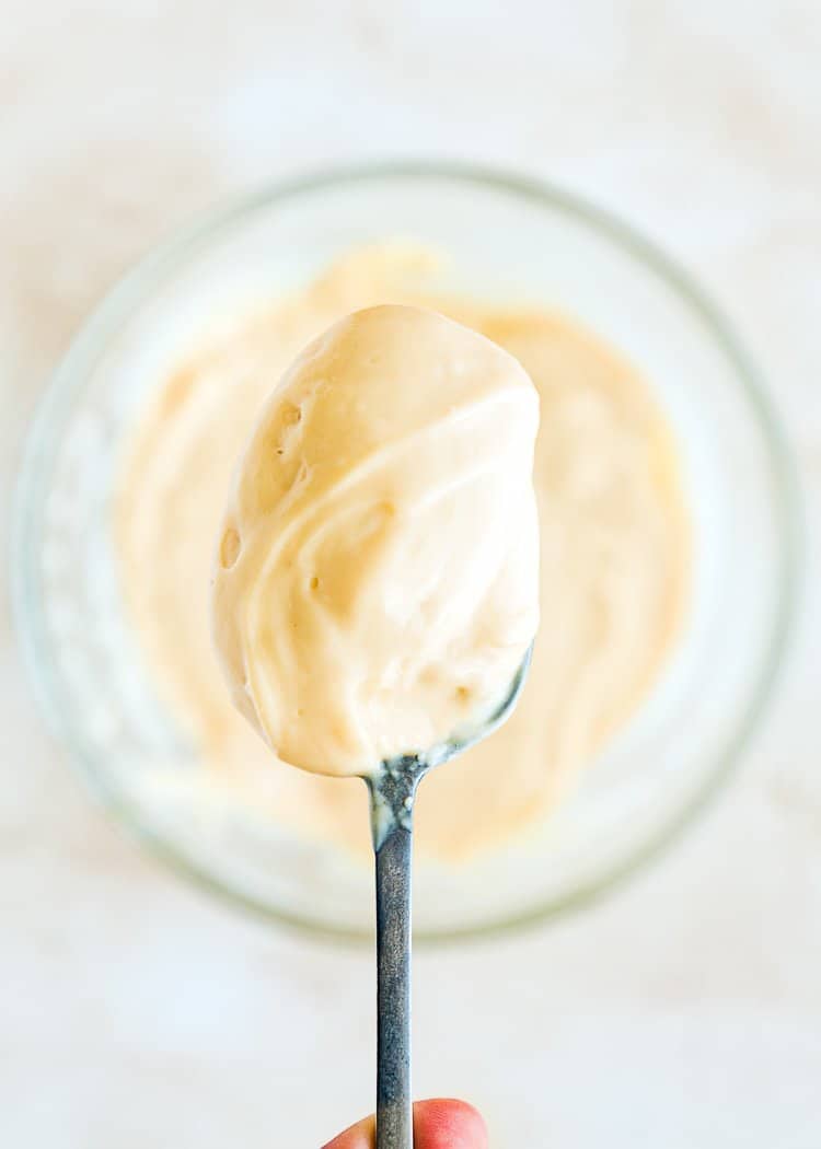 eggless pastry cream in a spoon. 