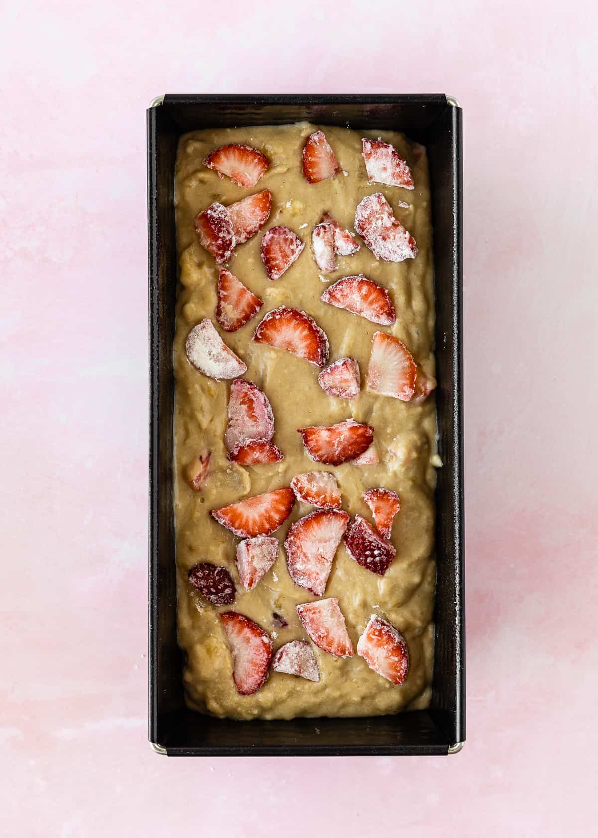 Eggless Strawberry Banana Bread batter in a loaf pan
