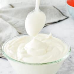 homemade sour cream in a bowl with a spoon