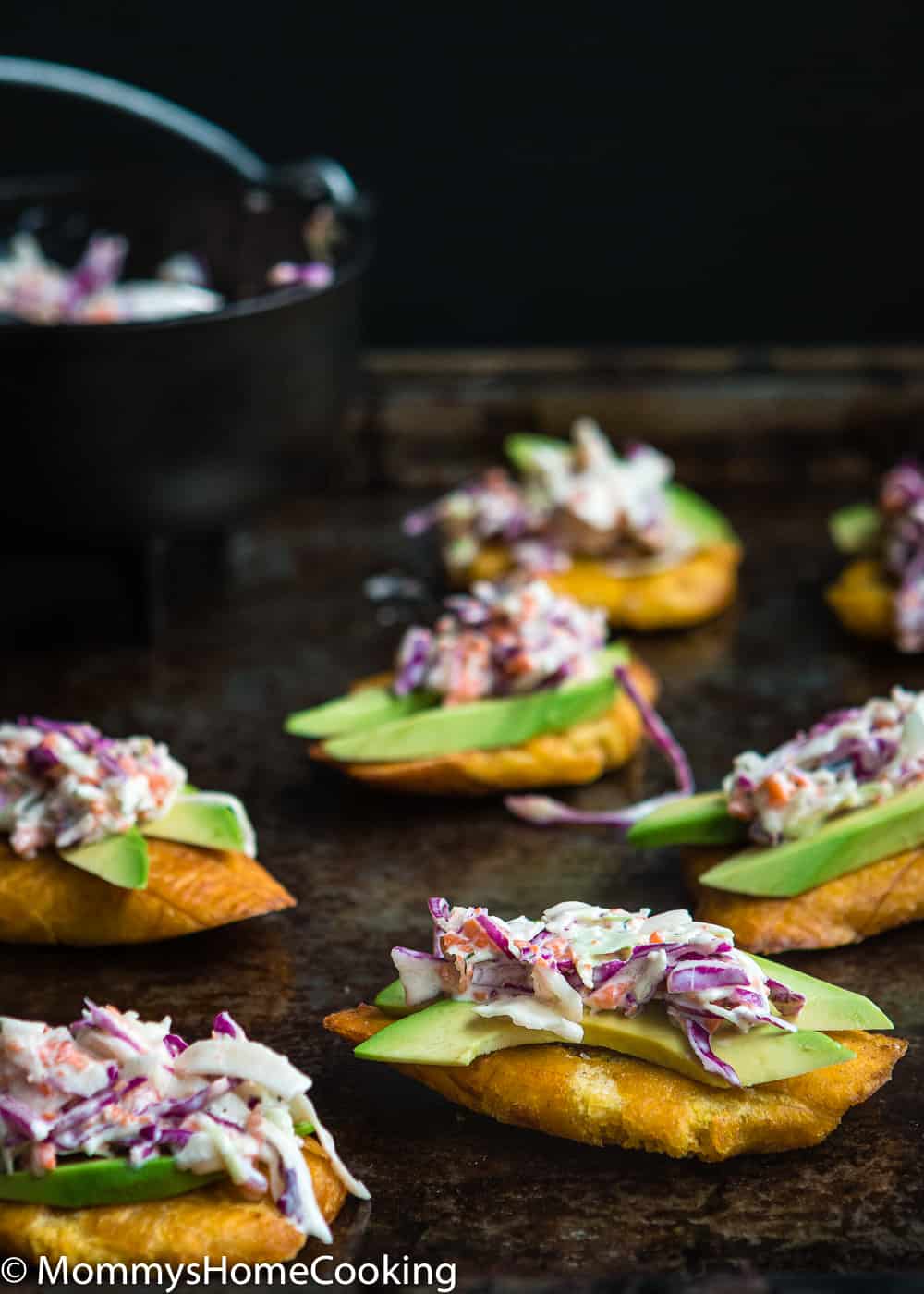 Tostones with sliced avocado and coleslaw salad