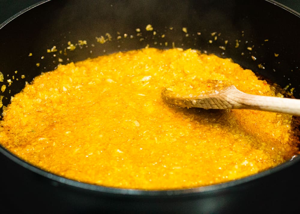 Venezuelan Guiso for Hallacas in a skillet.