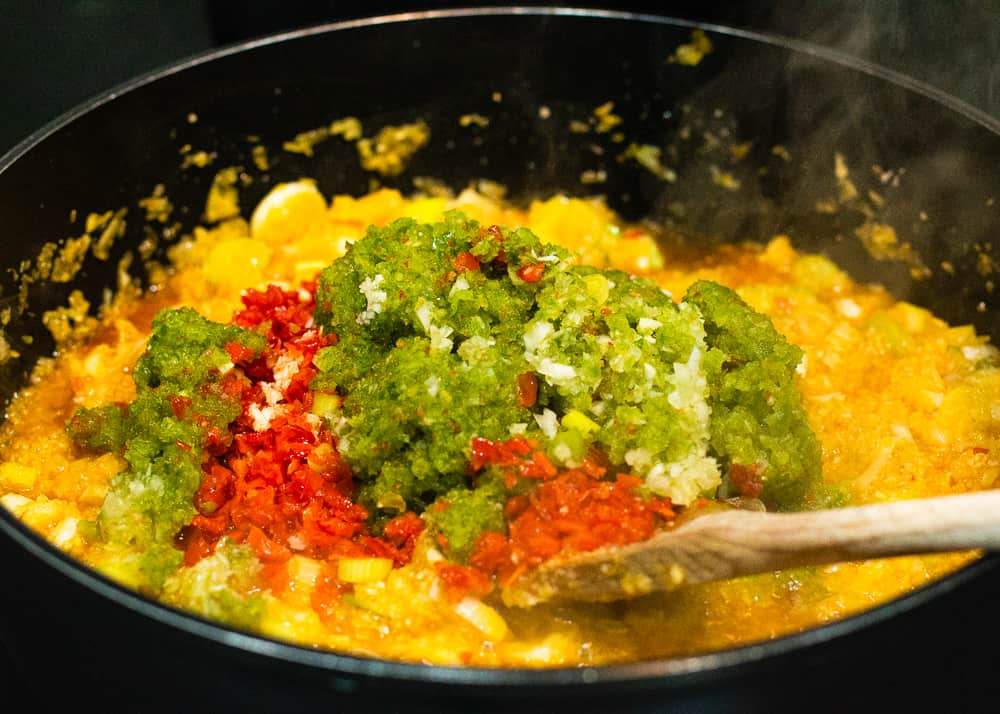 Venezuelan Guiso for Hallacas in a skillet.