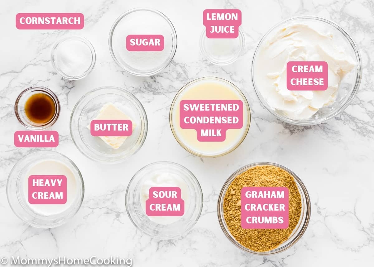 Ingredients needed to make egg-free cheesecake in the instant pot with name tags. 