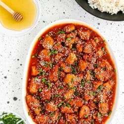 Instant Pot Korean Kimchi Chicken in a white plate