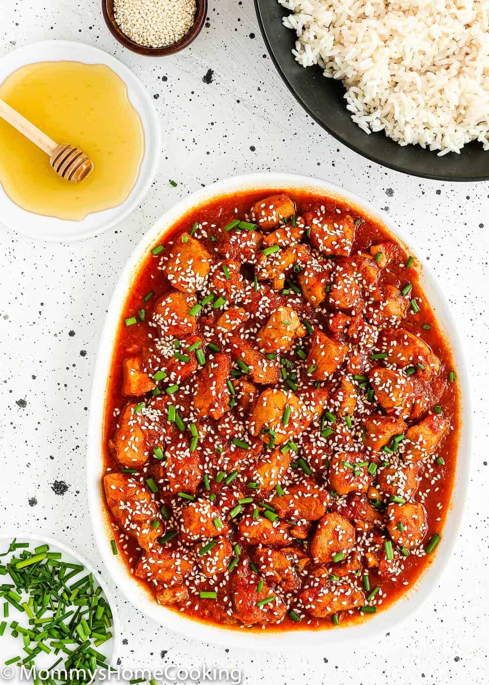 Instant Pot Korean Kimchi Chicken in a white plate