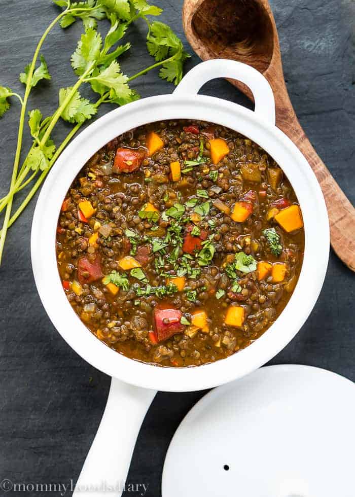  Lentils and Roasted Tomato Stew | A filling, comforting, healthy, and simply perfect Beluga and Red Lentil Stew with Roasted Tomatoes and Butternut Squash, that can be made in less than 30 minutes!! mommyshomecooking.com 