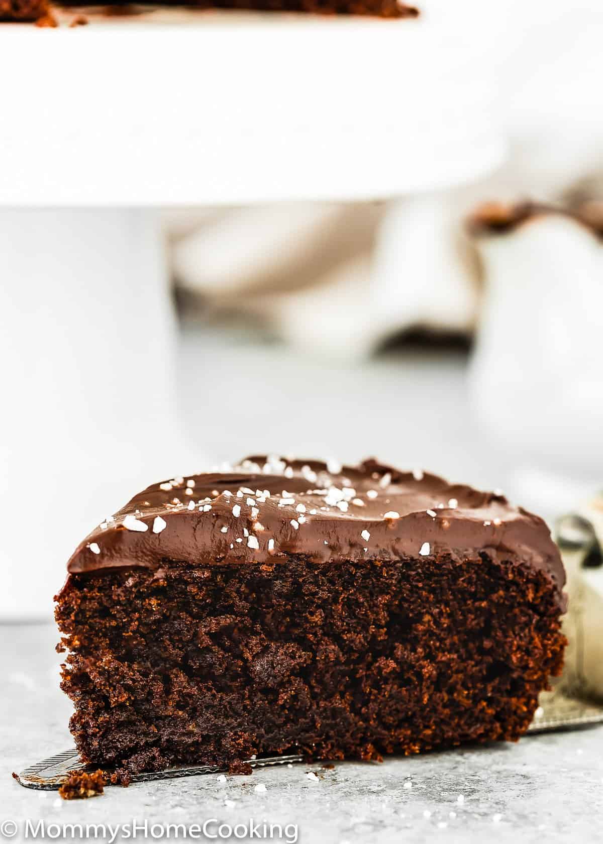 Eggless Chocolate Cake slice closeup. 