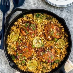 skillet with thai rice and chicken