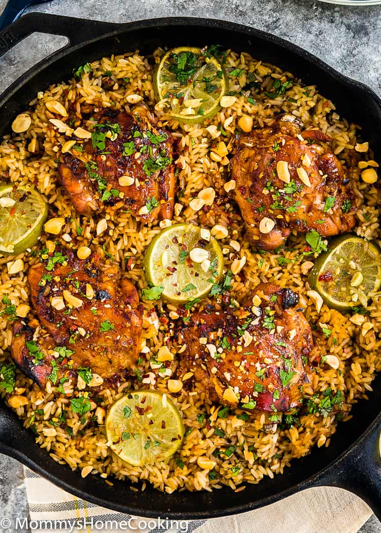 skillet with Thai rice and chicken close-up