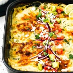 Easy Enchiladas Suizas in a baking dish