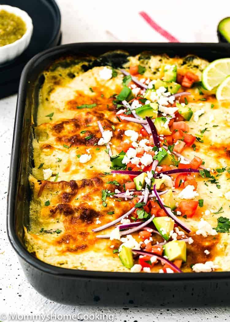  Easy Enchiladas Suizas in a baking dish