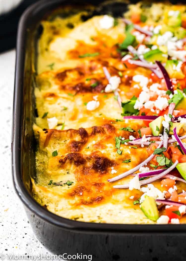 Easy creamy Enchiladas Suizas in a baking dish