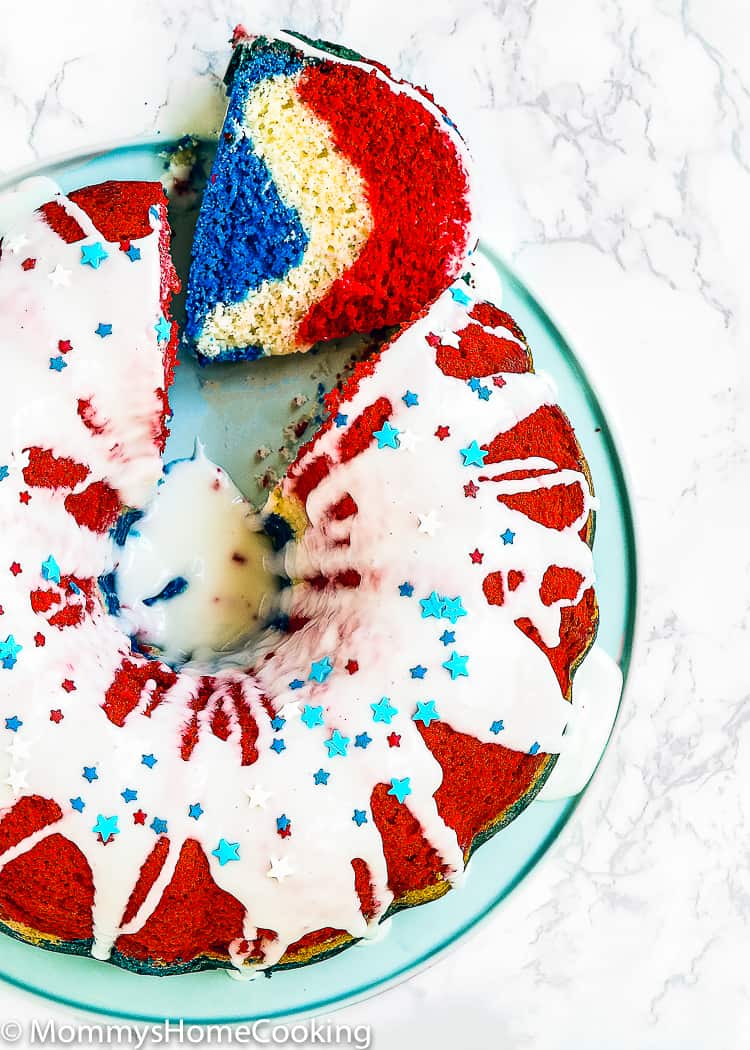 sliced Red, White, and Blue Eggless Bundt Cake