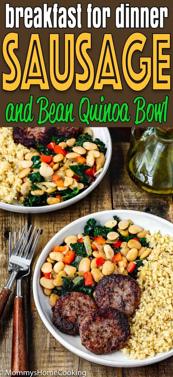 This Easy Sausage and Bean Quinoa Bowl is a delicious way to bring breakfast to the dinner table! Made with breakfast sausage, quinoa, beans, kale and veggies, this satisfying meal comes together in no time! https://mommyshomecooking.com