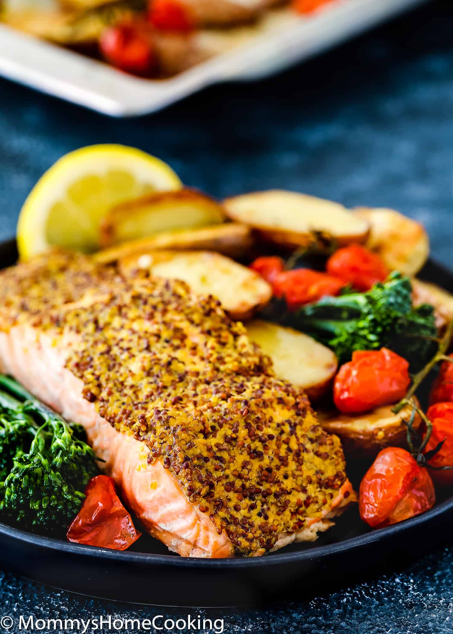 Plate with Salmon Filet, roasted potatoes, tomatoes.