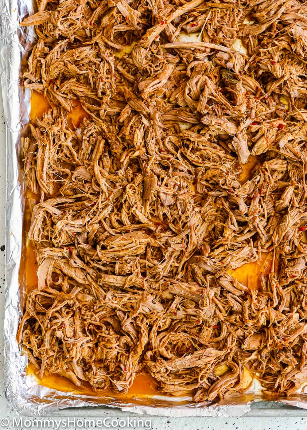 shredded pork shoulder with chipotle sauce in a a baking sheet.