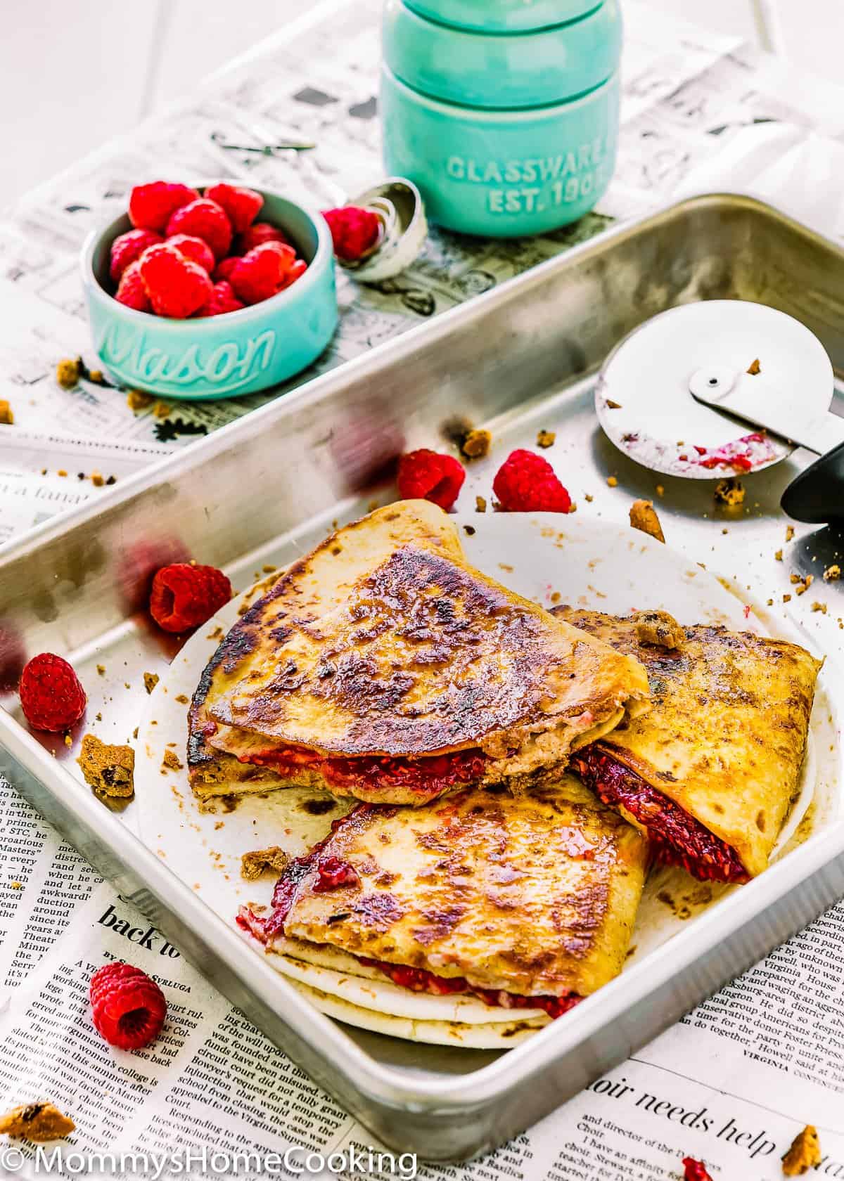 Sweet Raspberry Chocolate Chip Quesadilla in a baking pan