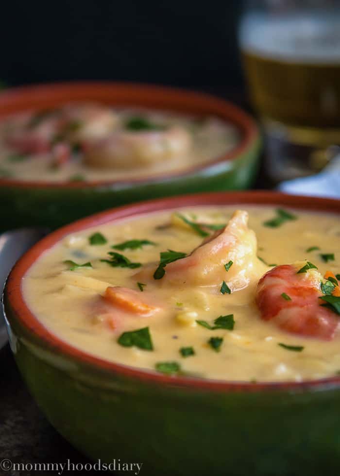 This Three Cheese Shrimp Beer Soup is a delicious and warming way to keep you cozy on chilly days. It’s warm, rich and hearty. Ready in less than 30 minutes! https://mommyshomecooking.com