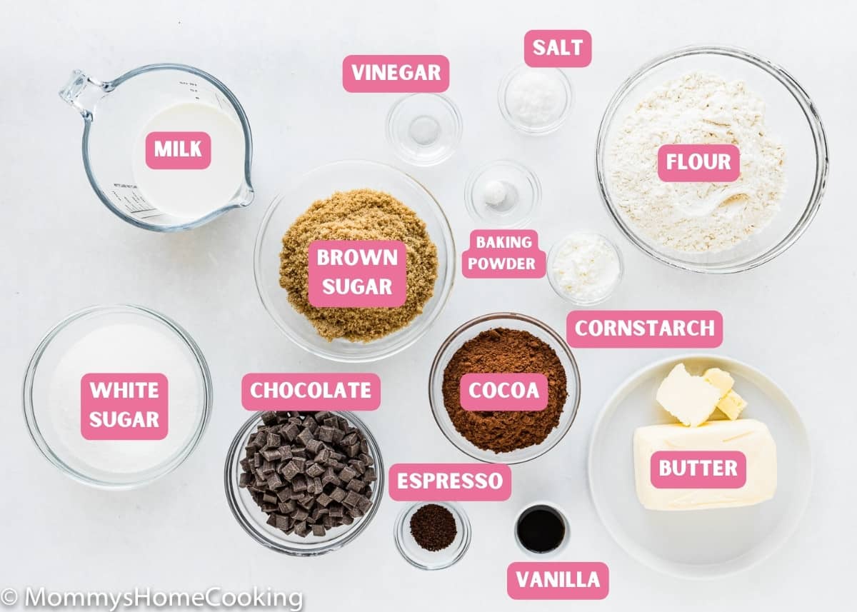 Ultimate Fudgy Brownies without Eggs ingredients with name tags